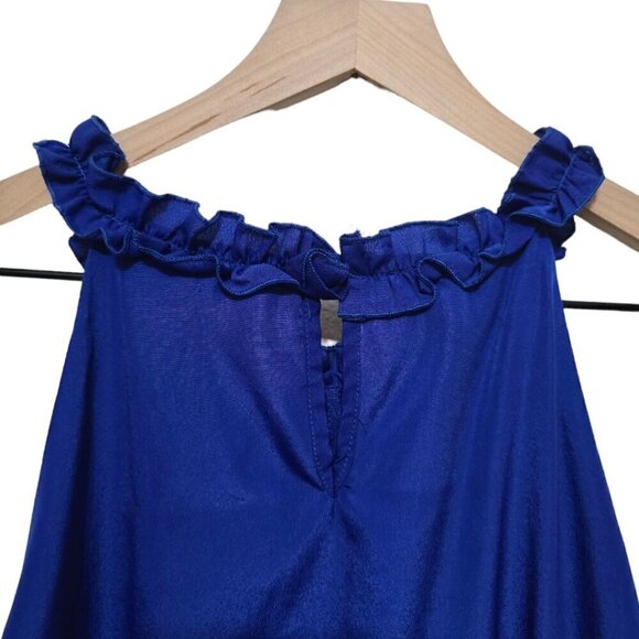Ciel USA Blue Ruffle Halter Neck Smocked Tank Top Blouse Sz L - Picture 4 of 8